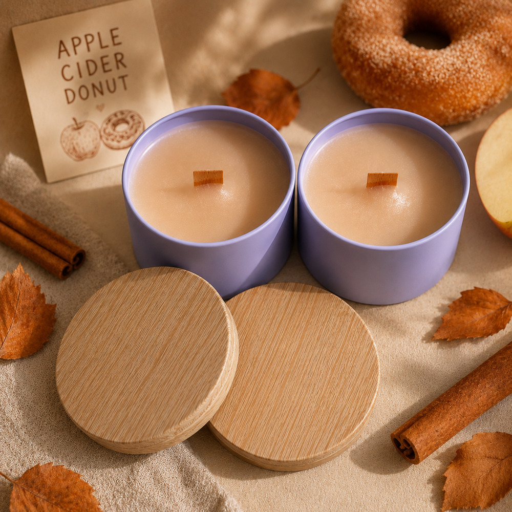 Apple Cider Donut Scented Candle Set of 2 Handmade 8oz Wood Wick Discount Lot